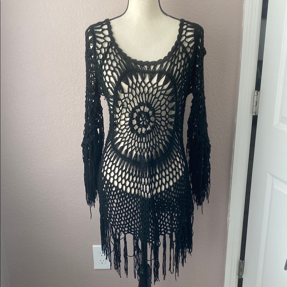 Love Sense Black Crochet Knit Swim Coverup